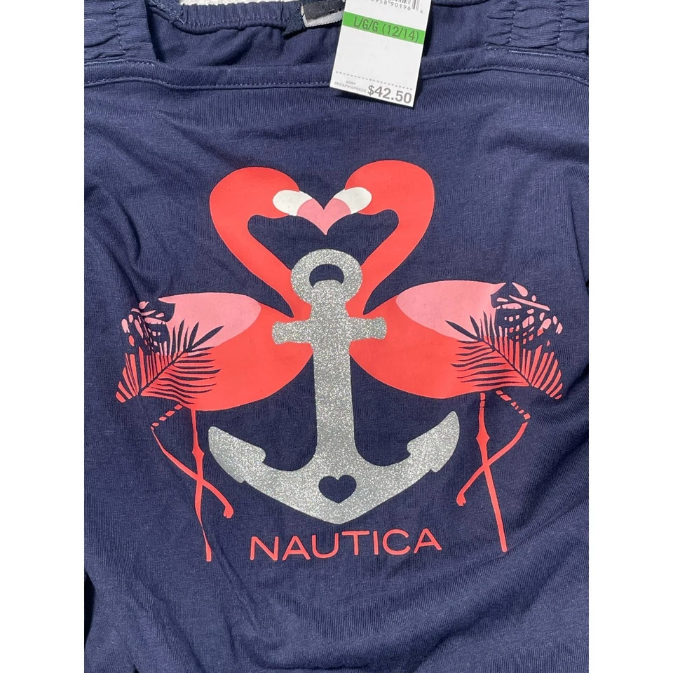 Mameluco Nautica Niñas L 12/14 Azul Marino Flamenco Ancla Gráfico Cintura Elástica NUEVO Foto 2 de 4