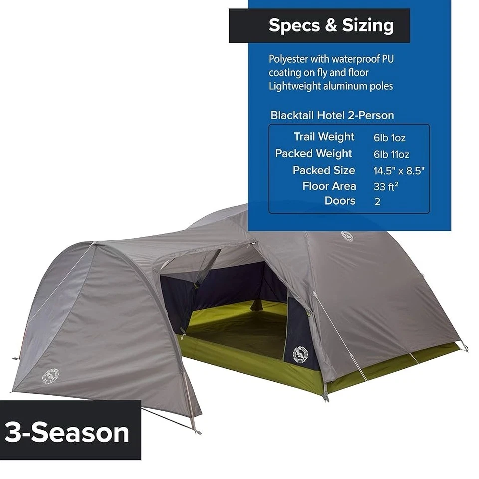 NUEVO Big Agnes Blacktail Hotel 2 Personas Camping Mochilero Tienda Verde/Gris Foto 2 de 2