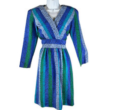 Vtg 80s Maggy London by Jeannene Booher Sz 4 100% Silk Dress Blue Green Midi EUC