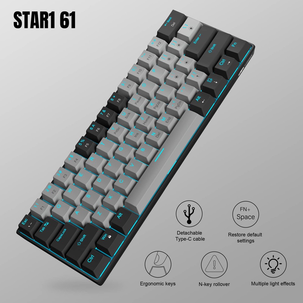 60% Mechanical Gaming Keyboard with Blue Switches and Sea Blue Backlighting