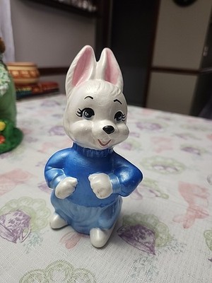 Vintage Handpainted Ceramic WHITE Bunny Rabbit Figurine With BLUE OUTFIT