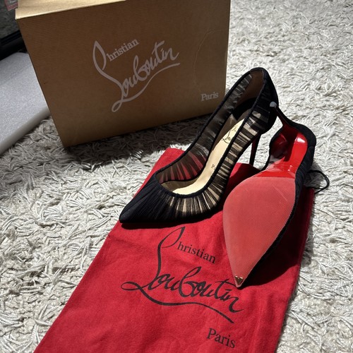 Christian Louboutin Follies Size 40 Black Chiffon and Suede Pumps Red Bottoms