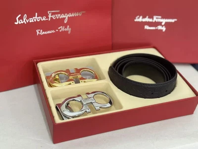 With box 100% SalvatoreFerragamo Pattern Men's Belt With Two Buckles Gold/Silver