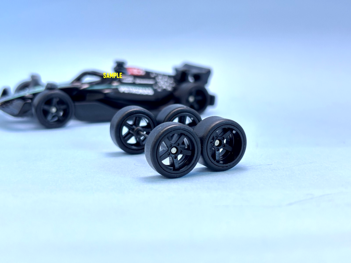 R529 Hot wheels 1/64 Set # 5 Spoke Modern Black 12mm , Formula 1