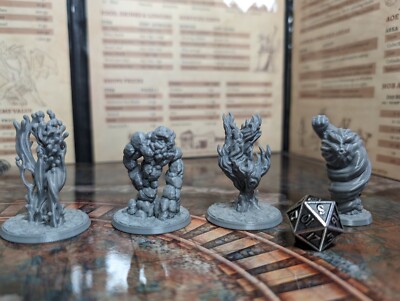 4 Elementar Miniaturen für Dungeons and Dragons, Pathfinder. 3D gedruckt.