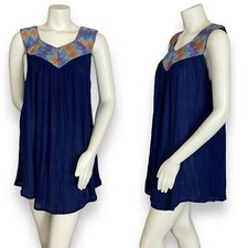 Handmade Tunic Mini Dress Blue Floaty Diamond Pattern Ribbon Sleeveless Women
