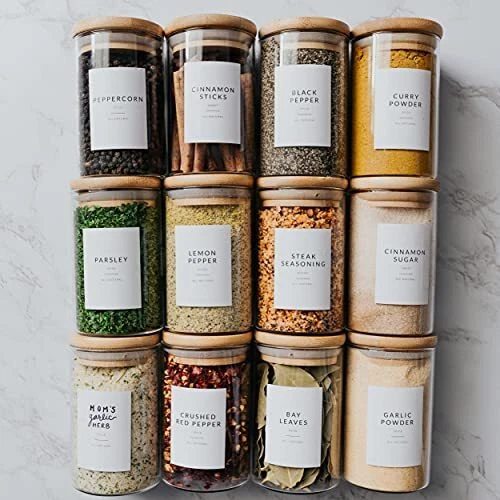 Savvy & Sorted 12 Natural Bamboo Spice Jars - 8.5oz Large Spice Jars with Bamboo Lids - Seasoning Glass Jars with Airtight Lids - Spice Jars