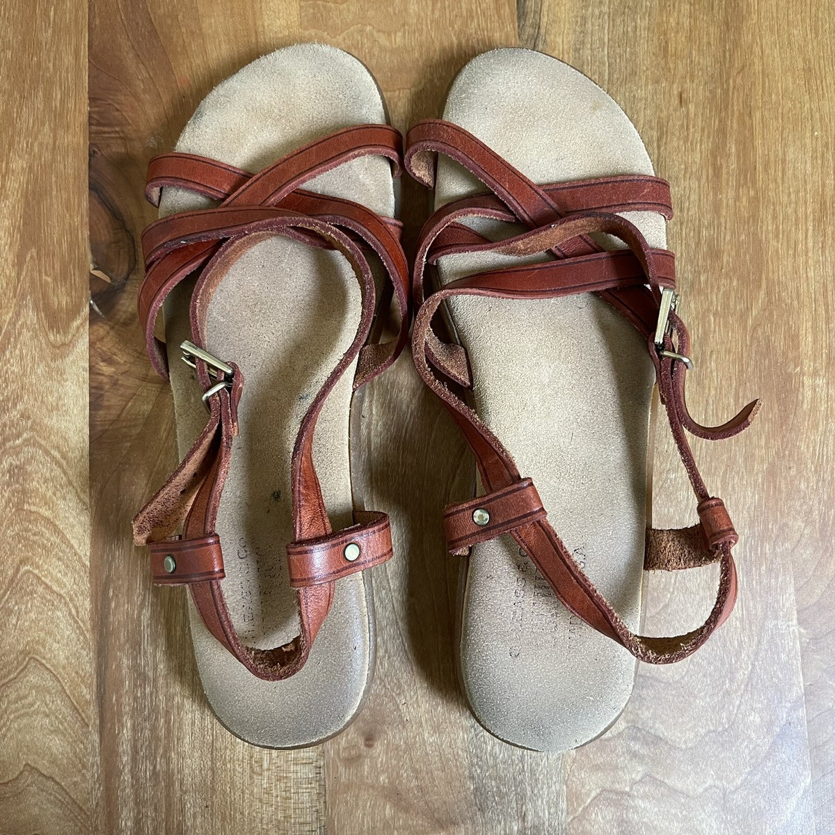 Vintage 80s Bass Sunjuns Brown Leather Sandals Strappy Flats Retro  Boho