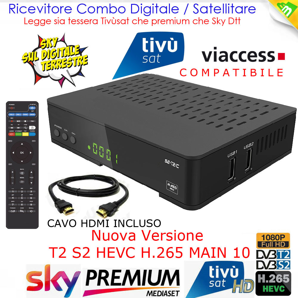 DECODER FULL HD COMBO SAT DVBT MEDIASET PREMIUM TERRESTRE EVO 3 IN 1 ALL Tivùsat
