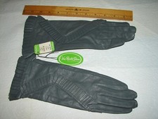 Vtg NWT Womens Van Raalte Gloves, Gray Leather w/Pleated Trim, Sz M, NOS