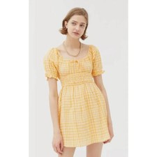 Urban Outfitters Womens Milkmaid Dress Puff Sleeves Yellow Plaid Gingham