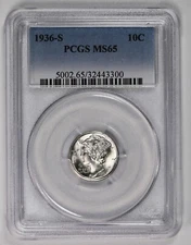 1936-S MERCURY DIME PCGS MS 65