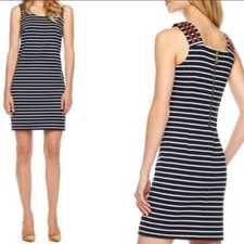 Michael Kors Black White Striped Leather Buckle Shoulders Stretch Dress Small