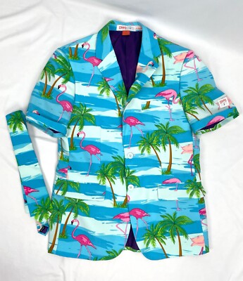 Opposuits Blazer Men 38 Flamingo Beach Blue Suit Jacket Tie Tropical Palm Trees