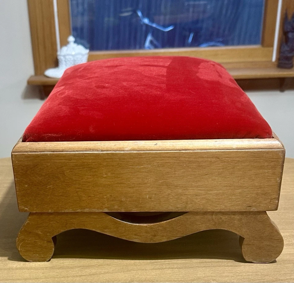 Vintage Red Velvet Walnut ? Wood Wooden  Small Footstool Foot Rest Mid Century - Image 3 of 4