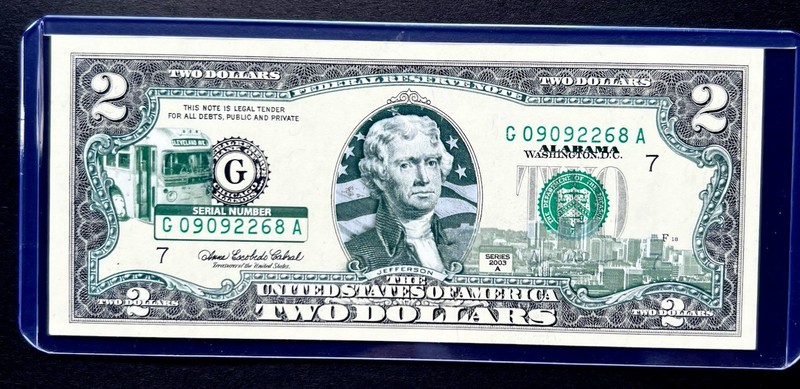 2003 $2 Colorized (( CHOICE GEM)) Alabama US Paper Currency Auction