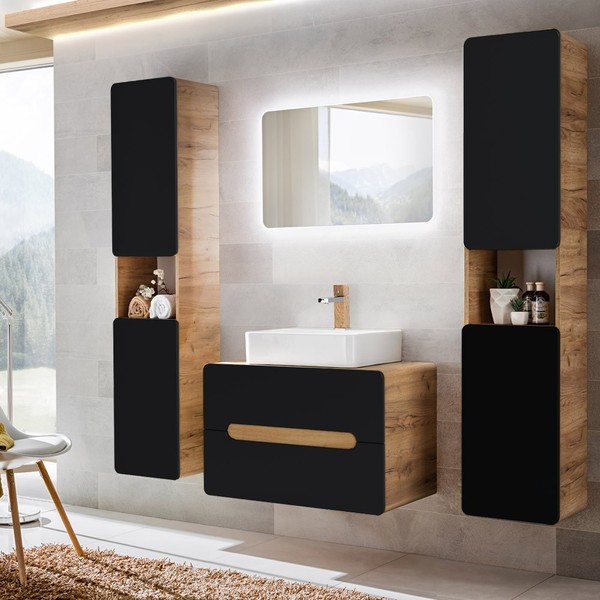 Badezimmer BadmöBel Komplett Set Anthrazit Keramik Waschtisch Spiegel Badschrank-image