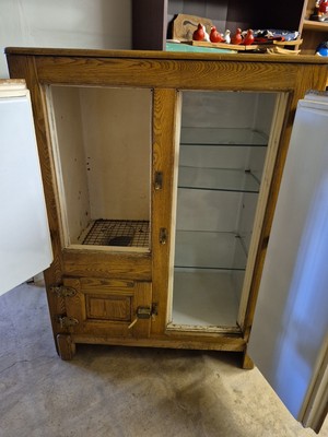 Antique Oak Ice Box Refrigerator 4' Tall Porcelain Lined w/ Glass