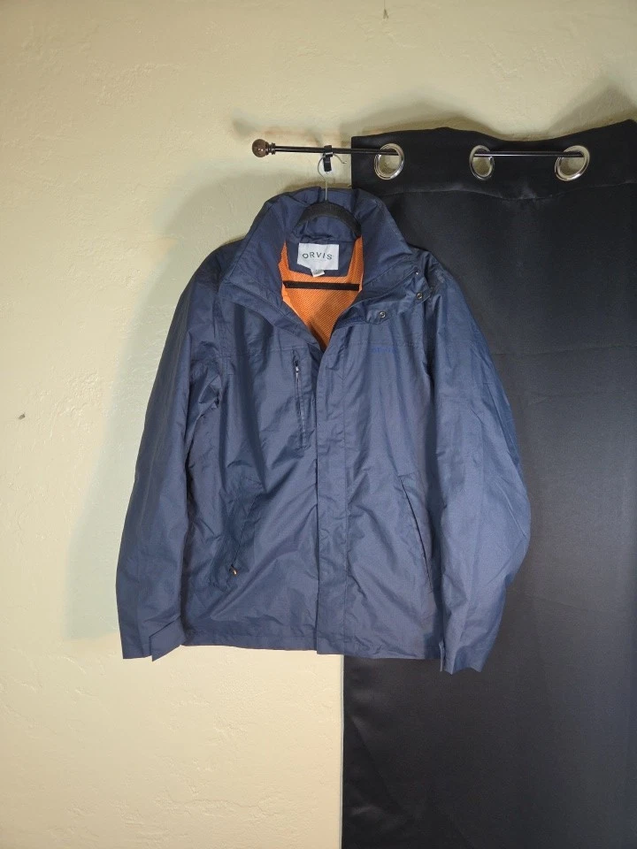 Orvis Jacket Mens Sz L Blue Softshell Mesh Lined Stowable Hood PACKABLE OUTDOOR