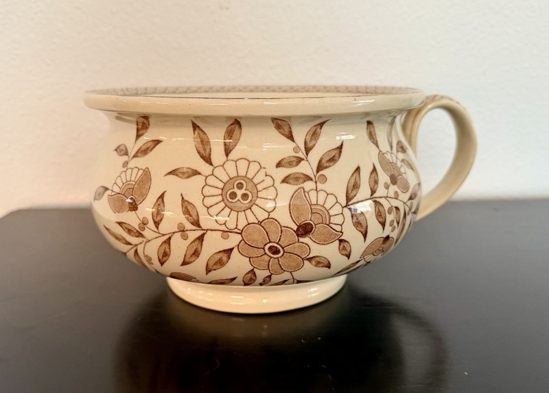 Vintage Ironstone Chamber Pot with Brown Floral Design
