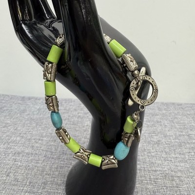 925 Sterling Silber Perlen Türkis & Grün Armband 8'' Knebelverschluss