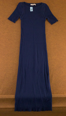 LOFT Womens Petite Medium Navy Blue Crochet Trim Ribbed Maxi Sweater Dress NWT