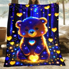 1pc Blue Glowing Bear Pattern Soft Warm Flannel Blanket, Blanket, Suitable for