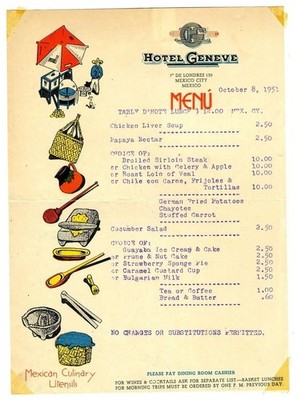 Hotel Geneve  Lunch Menu Mexico City Mexico 1951 Culinary Utensils
