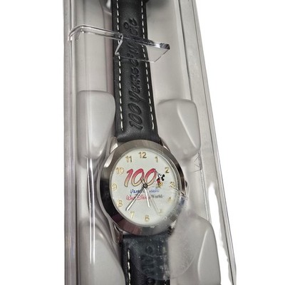 WDW Mickey Mouse Watch Black Leather Band 100 Years Of Magic Time Works Boxed
