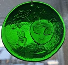 Blenko Glass Suncatcher green Malachite alien peace sign with spaceship design