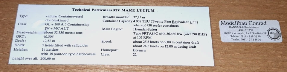 Modellschiff - Mare Lycium - Hansa Mare Reederei - 1:1250 - Modellbau Conrad - Bild 3 von 3
