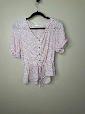 Sienna Sky Womens Floral Button-Up Peplum Blouse S 100% Polyester short sleeve