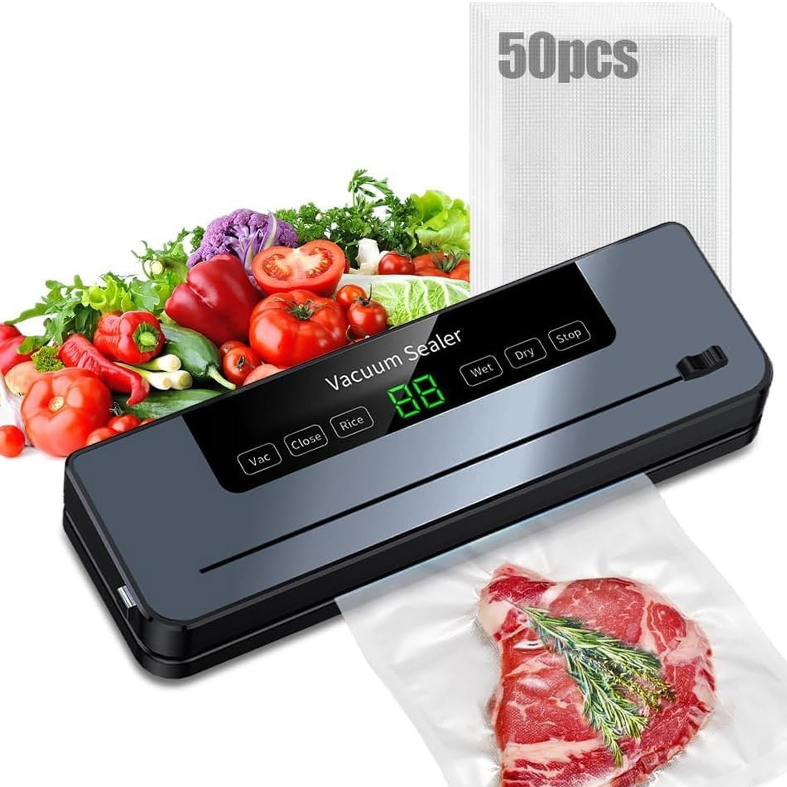 Lwuey Food Vacuum Sealer Machine with 50 Bags and Extra Tube, 90kPa Navy Blue 