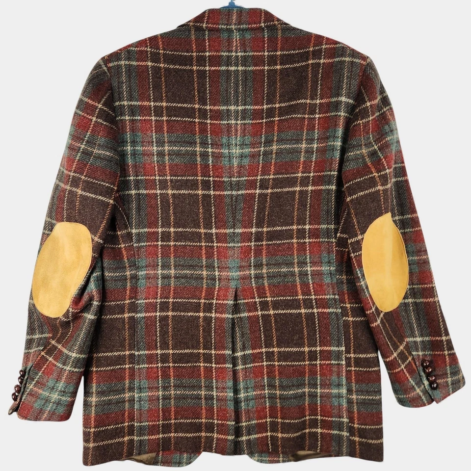 Vintage Saks Fifth Avenue Tweed Blazer Mens 42 Plaid Leather Elbow Patch - Image 2 of 4