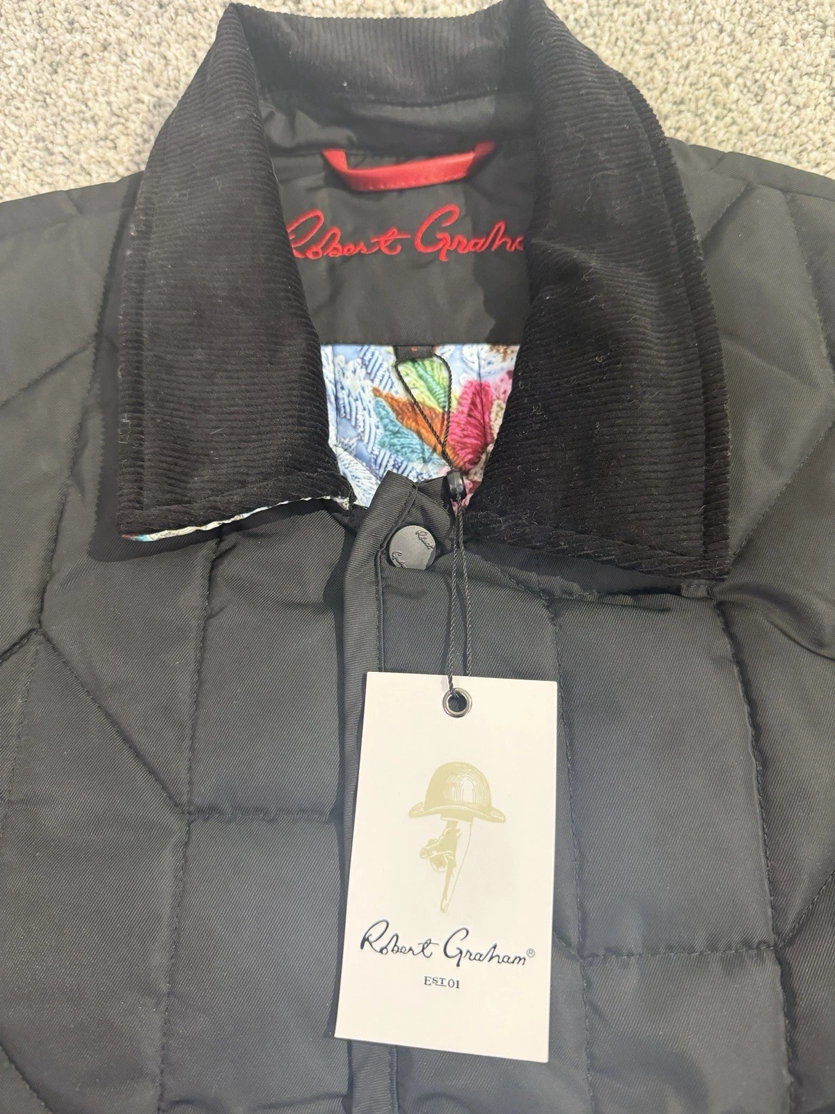 NWT Robert Graham Men’s Quilted Jacket Puffer Shirt Large Black Print Lining image 2