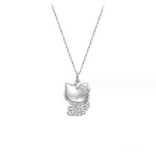 Titanium Silver Bow Hello Kitty Cat Pave C. Zirconia Pendant Chain Necklace