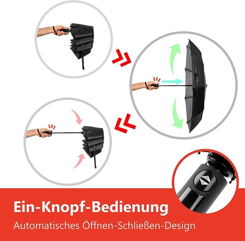 Regenschirm ergonomisch Griff Automatik Sturmsicher Windfest Schwarz mit Tasche - Bild 8 von 9