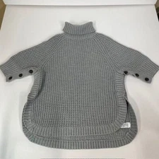 Chunky Knit Turtleneck Poncho Style Sweater with Button Detail Gray Cotton Blend