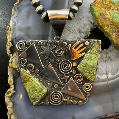 Alex Sanchez Sterling Green Sediment Jasper Rectangle Petroglyph Unisex Pendant