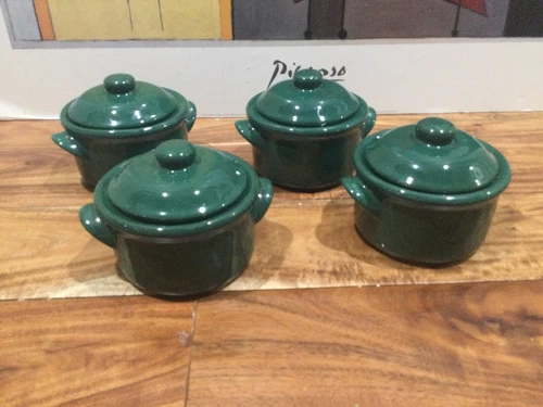 set 4 lidded onion soup chili bowls 5'' X4'' eared green stoneware READ