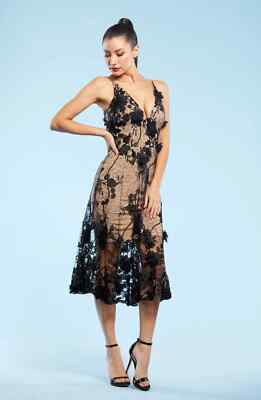 Dress The Population Audrey Black and Nude Embroidered Fit & Flare Dress SZ  L | eBay