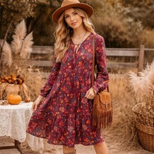 Sundance Boho Floral Tassel Midi Dress Burgundy Teal Long Sleeve M Boho Hippie