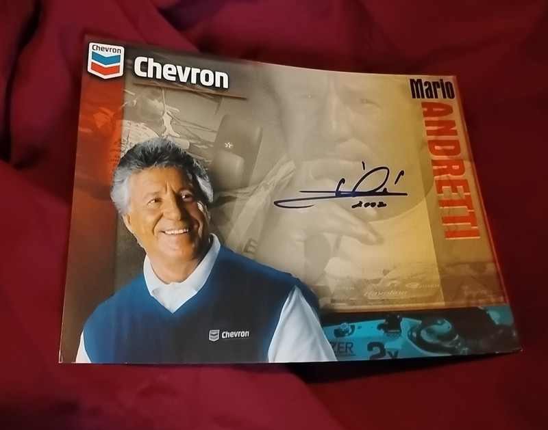 Mario Andretti Indy & Nascar racer REAL hand SIGNED Chevron 2002 Hero Card Photo
