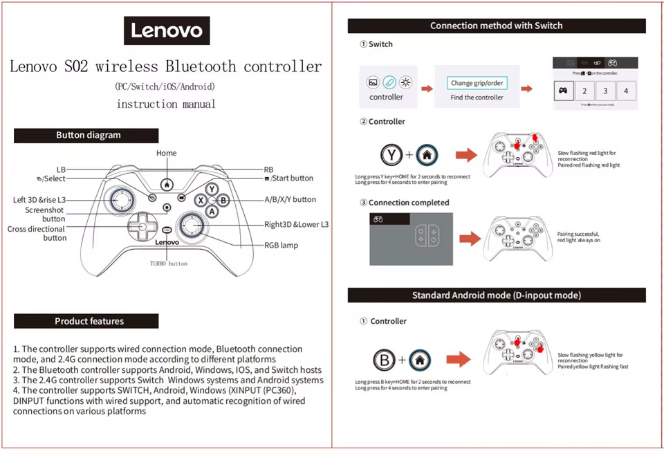New Lenovo S02 Wireless Bluetooth RGB Controller for Nintendo Switch ...