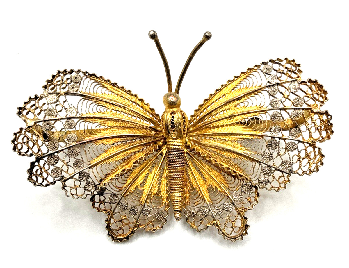 Vintage 800 Silver Filigree Butterfly Brooch Large Gold Washed Vermeil Pin