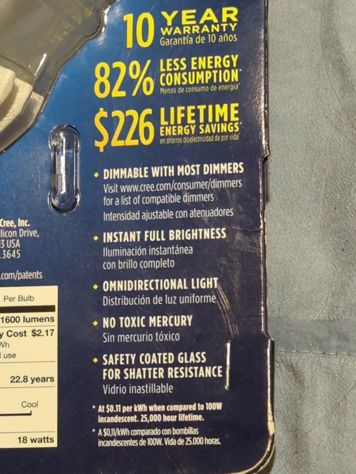 Cree Soft White LED 18 Watt 2700k Dimmable E26 Medium Bulb - Image 3 of 3