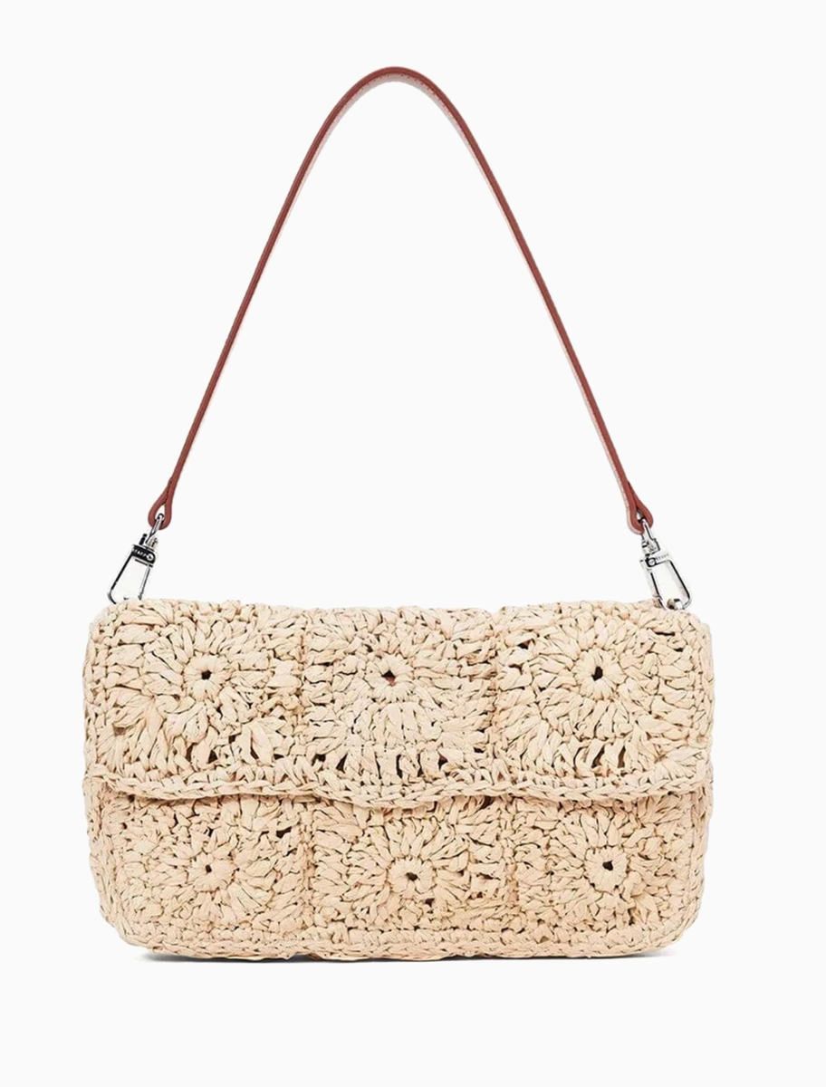 STAUD TIMMY CROCHET RAFFIA CONVERTIBLE SHOULDER BAG MSRP$395