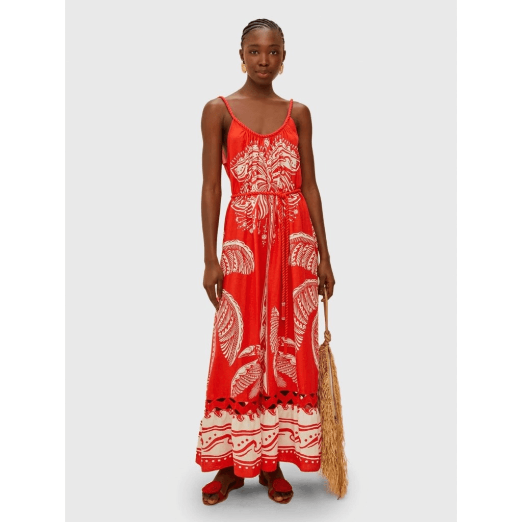 Farm Rio NWT Majestic Coconut Tree Maxi Dress Medium Red Linen Blend  Tropical | eBay