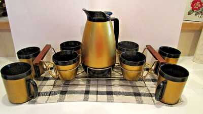 VINTAGE 60s N.F.C. THERMO-SERV INSULATED 10 PC SET: CARAFE- CUPS- MUGS-CADDY WOW