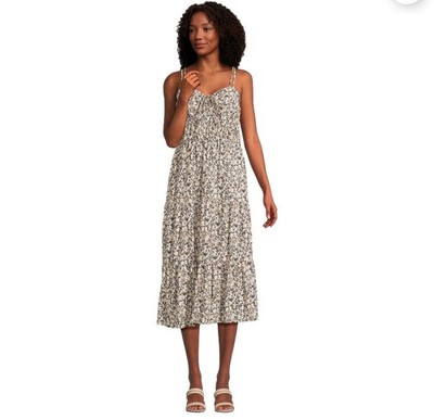 Time & Tru Women s Black Ditsy Cross Back Tiered Midi Dress, 2XL Ruched Strappy